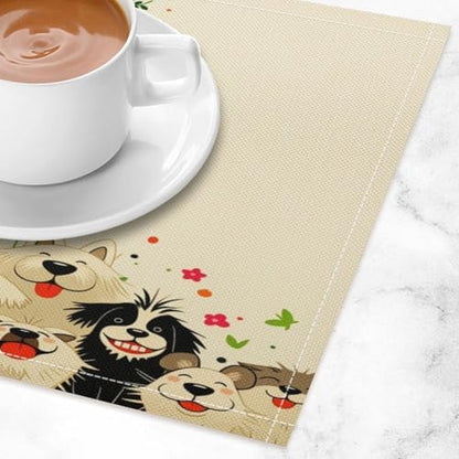 Cute Dogs Floral Linen Placemats Set of 4PCS, Heat Resistant Non-Slip Washable Table Placemats for Dining Everyday Use Hotel Banquet Home Decor