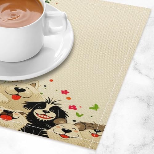 Cute Dogs Floral Linen Placemats Set of 2PCS, Heat Resistant Non-Slip Washable Table Placemats for Dining Everyday Use Hotel Banquet Home Decor