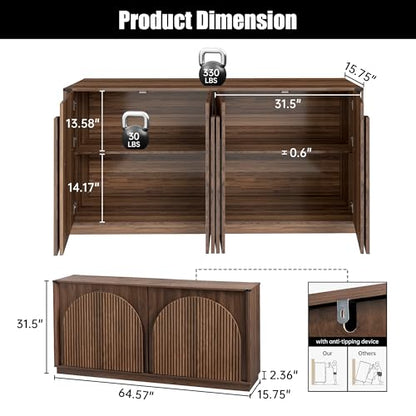 65" Sideboard Buffet Cabinet with Storage, Mid Century Modern Fluted Accent Credenza with Adjustable Shelves, Wood Media TV Console Coffee Bar Table for Dining Room, Living Room, Walnut