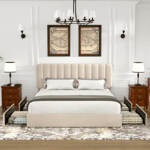Queen Size Upholstered Bed Frame with 4 Drawers and Headboard, Velvet Platform Storage Bedframe, Wooden Slats Support, No Box Spring Needed, Beige
