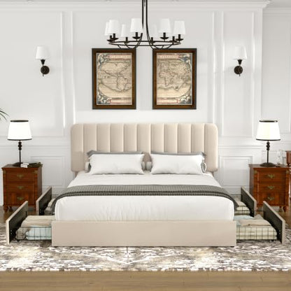 Queen Size Upholstered Bed Frame with 4 Drawers and Headboard, Velvet Platform Storage Bedframe, Wooden Slats Support, No Box Spring Needed, Beige