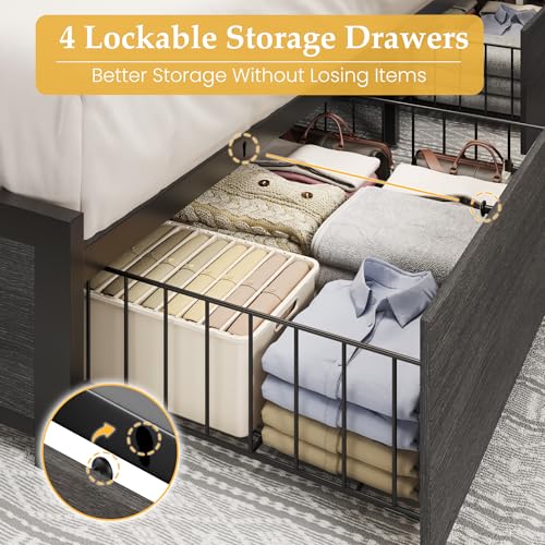 King Bed Frame with 2-Tier Storage Headboard, Metal Platform Bed Frame with 4 Storage Drawers, Built in Charging Station & LED, Noise-Free/Metal Support/No Box Spring Needed, Rustic Grey