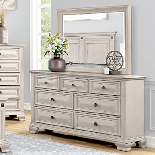 Renova Distressed Parchment Wood Bedroom Set, Panel Bed, Dresser, Mirror, Nightstand, King