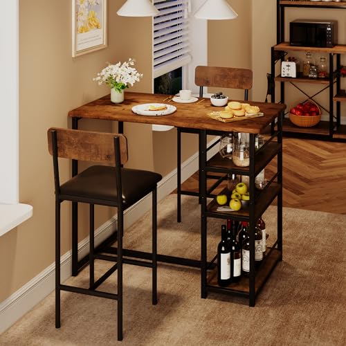 Dining Table Set for 2, Kitchen Table and Upholstered Chairs for 2, 3 Piece Counter Height Bar Table Set with 3 Large Storage Shelves for Small Space, Apartment, Studio, Rustic Brown