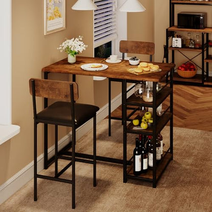 Dining Table Set for 2, Kitchen Table and Upholstered Chairs for 2, 3 Piece Counter Height Bar Table Set with 3 Large Storage Shelves for Small Space, Apartment, Studio, Rustic Brown