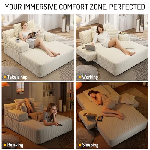 48.5'' Oversized Chaise Lounge Indoor, Corduroy Boneless Couch, Beige | Upholstered Single Sofa Bed with 3 Pillows, Side Pocket, Adjustable Armrest, Plush Floor Chair for Living Room, Balcony