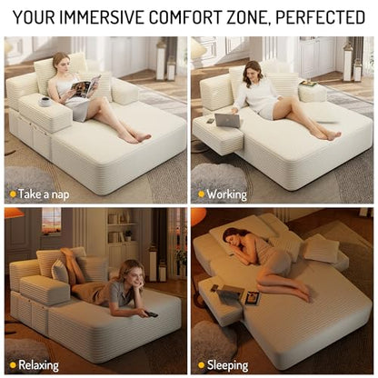 48.5'' Oversized Chaise Lounge Indoor, Corduroy Boneless Couch, Beige | Upholstered Single Sofa Bed with 3 Pillows, Side Pocket, Adjustable Armrest, Plush Floor Chair for Living Room, Balcony