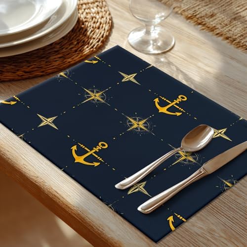 Shrahala Maritime Sea Sailing Symbols Set of 8 12 X 18 Inch Linen Placemats, Navy Blue Nautical Seamless Pattern Burlap Table Mat Washable Double Layered Heat Insulation for Indoor/Outdoor
