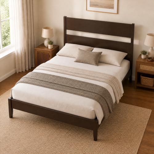 Queen Size Rubber Wood Bed Frame with Tall Headboard, Dark Brown