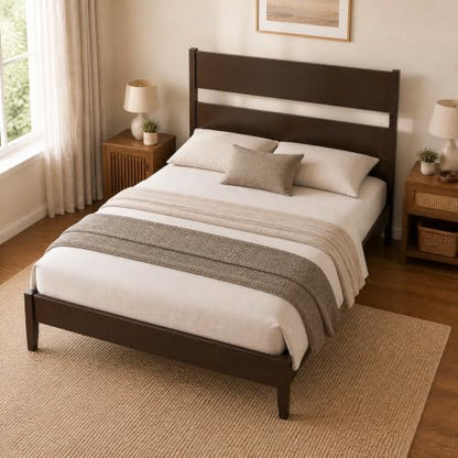 Queen Size Rubber Wood Bed Frame with Tall Headboard, Dark Brown