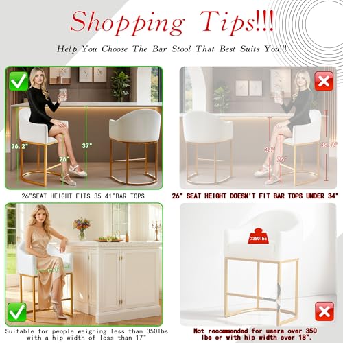 Counter Height Bar Stools Set of 2,Modern Counter Height Bar Stools,Fabric Upholstered Barrel Barstools with Backs,26'' Kitchen Island Chairs,Metal Gold Frames,Off White Linen