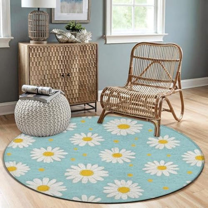 Men's Large Home Decor Mat, Soft Round Yoga Carpet, Non Slip Machine Washable Home Office Circle Rug Daisy Flowers
