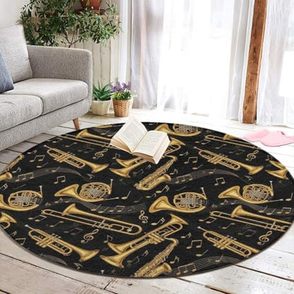 Large Round Area Rug Home Decor Modern Bathroom Rug Kitchen Office Circle Rug for Living Room Sofa Circle Cute Mat Gold Trumpet Trombone French Horn Black