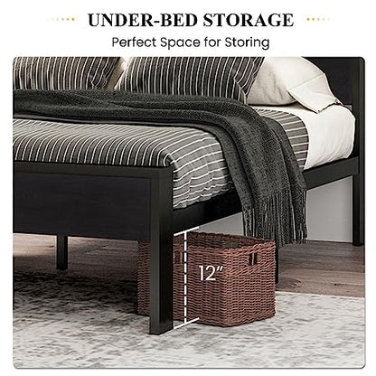 Full Size Bed Frame, Wooden Headboard and Footboard, Black Oak | Rounded Corners, 12 Metal Slats, Noise-Free Design, 12-Inch Storage, No Box Spring, 40-Minute Assembly