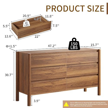 47.2" Wide Walnut 6 Drawer Dresser for Bedroom with Solid Wood Legs