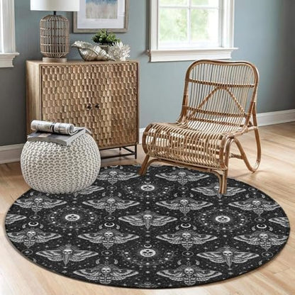 Highly Premium Quality Floor Mat, Office Chair Decor Mat, Room Sofa Yoga Soft Round Carpet Gothic Moth Skull Sun Moon Art Black and White