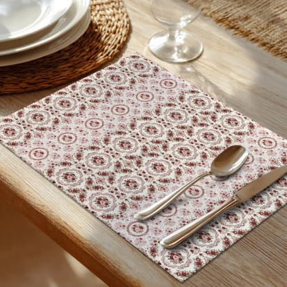 Shrahala Vintage Victorian Floral Set of 4 12 X 18 Inch Linen Placemats, Ornate Rose Scroll Burlap Table Mat Washable Double Layered Heat Insulation for Indoor