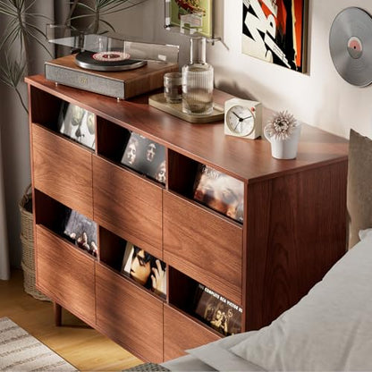 47.2" Large Record Player Stand, Vinyl Record Storage Cabinet,Brown | Fit 7“/10"/12" Vinyl Record, Mid Century Turntable Stand, Media Cabinet with 6 DVD Drawers for Living Room, Music Corner