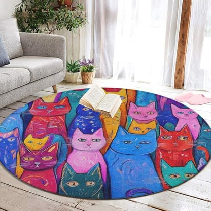 Large Round Area Rug Home Decor Modern Bathroom Rug Kitchen Office Circle Rug for Living Room Sofa Circle Cute Mat Colorful Cats Art, 60inch