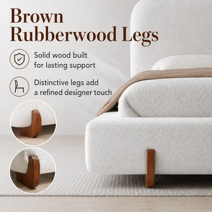 California King Size Bed Frame, Elegant Chenille Bed Frame with Unique Design Solid Wood Legs, Curve-Shaped Upholstered Platform Bed with 4-Inch Thick Double-Sided, 800 lb Capacity, White