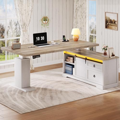 L Shaped Standing Desk with Power Outlets & LED Lights