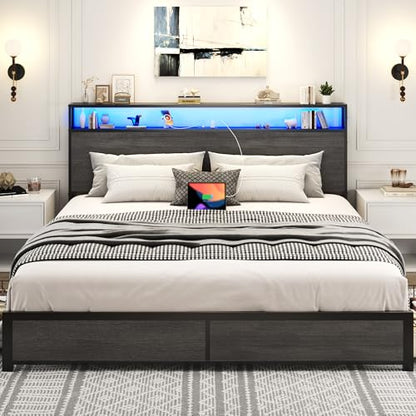 King Bed Frame with 2-Tier Storage Headboard, Metal Platform Bed Frame with 4 Storage Drawers, Built in Charging Station & LED, Noise-Free/Metal Support/No Box Spring Needed, Rustic Grey