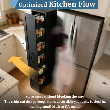 Narrow Pull-out Storage Cabinet on Wheels, 12 inch Black Pantry Cabinet | 71'' Tall, Slim Shelf, Rolling Cart 6-Tier, Next to Fridge, Skinny Spice Rack for Kitchen, Laundry Room