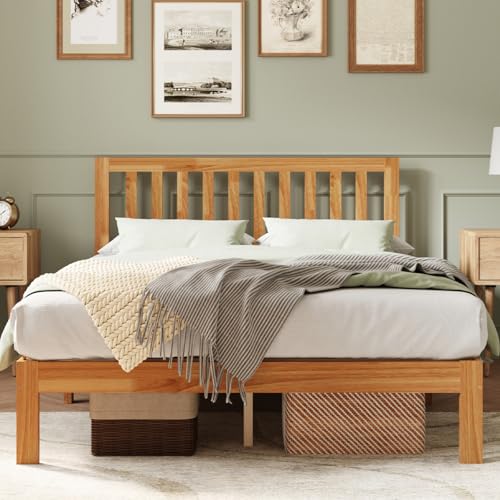 Full Size Bed Frame Wood Full Bed Frame with Headboard, Full Size Bed Frame with Headboard Solid Wood Bed Frame Foundation with 8.5 Inch Space Underneath, No Box Spring Needed, Easy Assembly