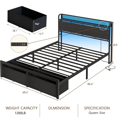 Queen Bed Frame with Storage Headboard,Charging Station,2 Drawers | 2-Tier Wood Shelves,LED Lights,1200 Lbs Capacity,USB & Type-C Ports,No Box Spring Needed,Noise Free,Easy Assembly,Rustic Grey