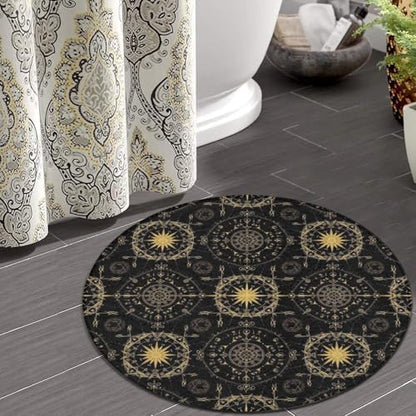 Home Decor Non Slip Kitchen Office Circle Rug, Machine Washable Modern Round Area Rug, Room Sofa Yoga Soft Round Carpet Ancient Viking Vegvisir Art Wind Rose Magic Navigation Gold Compass