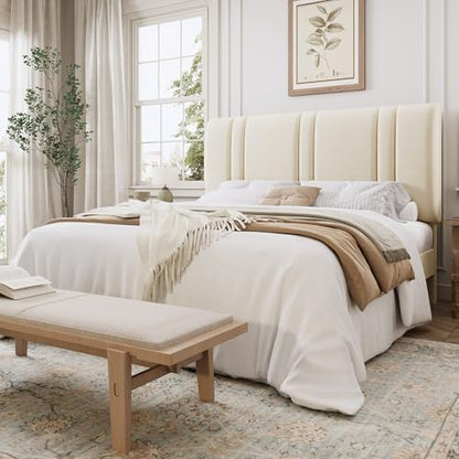 Queen Size Velvet Bed Frame with Adjustable Headboard, Cream