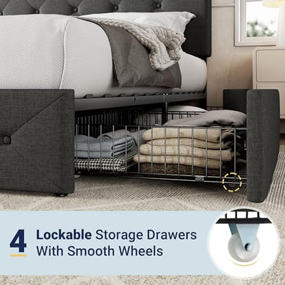 Upholstered King Size Platform Bed Frame with 4 Storage Drawers and Headboard, Diamond Stitched Button Tufted, Mattress Foundation with Wooden Slats Support, No Box Spring Needed, Dark Grey