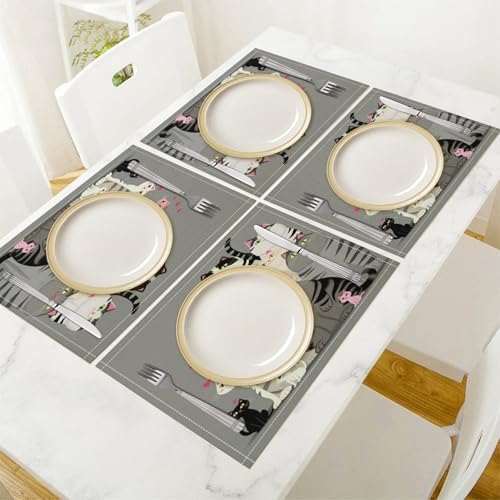 Cute Cats Group Portrait Linen Placemats Set of 1PCS, Heat Resistant Non-Slip Washable Table Placemats for Dining Everyday Use Hotel Banquet Home Decor