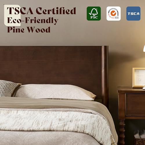 Solid Wood Queen Bed Frame, Mid Century Bed with Headboard, Walnut
