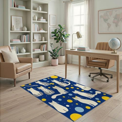 4'x6' Blue Yellow Cat Symphony with Golden Washable Area Rug
