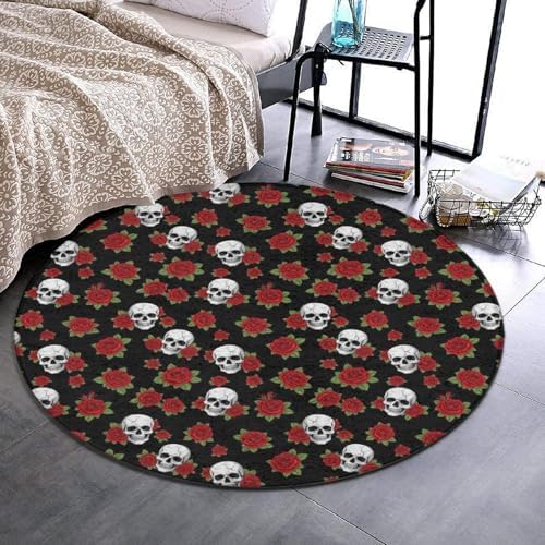 Large Home Decor Mat, Soft Round Yoga Carpet, Non Slip Machine Washable Kitchen Office Circle Rug Halloween Skulls Red Rose, 24inch