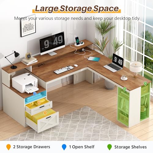 63" Farmhouse L Shaped Desk with Drawers & Storage Shelves for Home Office