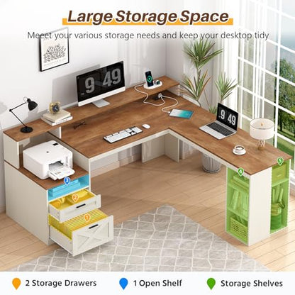 63" Farmhouse L Shaped Desk with Drawers & Storage Shelves for Home Office