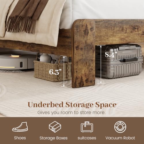 Queen Bed Frame, 2-Tier Storage Headboard Platform Bed, Rustic Brown | Farmhouse Wooden Bed Frame with Charging Station and LED Light, Heavy Duty Wood Slat Support, No Box Spring Needed