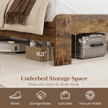 Queen Bed Frame, 2-Tier Storage Headboard Platform Bed, Rustic Brown | Farmhouse Wooden Bed Frame with Charging Station and LED Light, Heavy Duty Wood Slat Support, No Box Spring Needed
