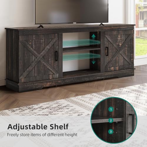 Farmhouse TV Stand for 65 Inch TV, Mid Century Modern Entertainment Center with Double Barn Doors, Rustic TV Media Console TV Cabinet for Living Room, Dark Oak