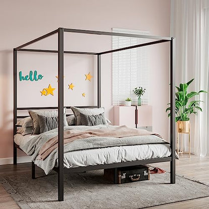 Queen Size Canopy Bed Frame with Heavy Duty Metal Slats, Black