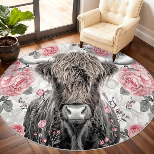 Highland Cattle Round Rug - 6ft Washable Highland Cattle Round Area Rug for Living Room, Country Flowers Circle Rugs Soft Non-Slip Carpet for Bedroom Dining Table Decor Mat