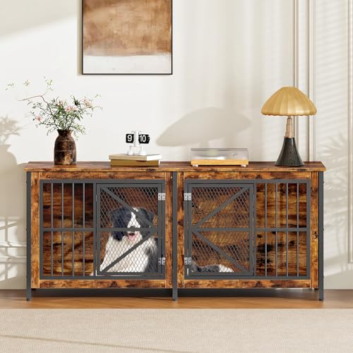 71 Inch Double Dog Crate Furniture for 2 Dogs, Wooden Dog Crate End Table for Medium/Large Dogs, Dog Kennel Furniture with Divider & Double Metal Doors, Rustic Brown and Black TGW02BF