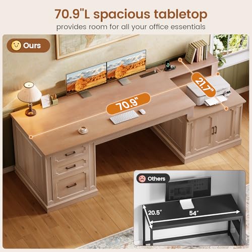 Farmhouse 70.9" Executive Desk, Home Office Desk with File Drawers and Storage Cabinet, Computer Desk with Power Outlet for Home Office, Work Study Writing, Oak
