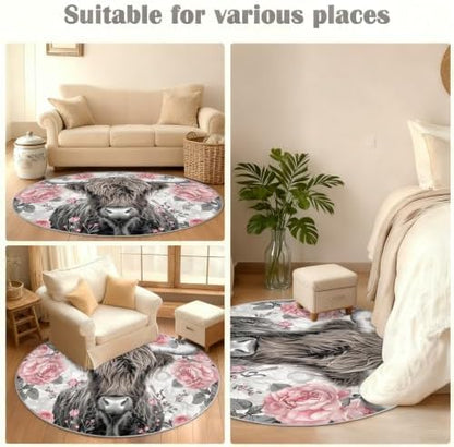 Highland Cattle Round Rug - 6ft Washable Highland Cattle Round Area Rug for Living Room, Country Flowers Circle Rugs Soft Non-Slip Carpet for Bedroom Dining Table Decor Mat