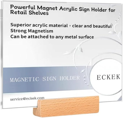ECKEK Magnetic Sign Holder Grip Holder, Powerful Magnet, Acrylic Sign Holder for Retail Shelves Display Store Vendor Event Warehouse and Shop Supplies (Wood Base 210*150mm/8.27*5.91inches)