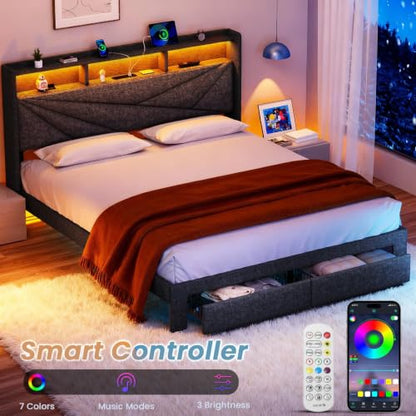 King Size Bed Frame with 2 Storage Drawers,Upholstered Headboard | LED Light, Charging Station, No Box Spring Needed, Easy to Assemble, Dark Grey