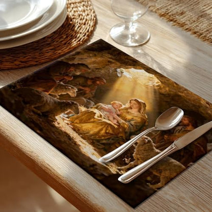 Shrahala Beige Christmas Christ Set of 6 12 X 18 Inch Linen Placemats, Blue Christian Christian Burlap Table Mat Washable Double Layered Heat Insulation for Indoor/Outdoor