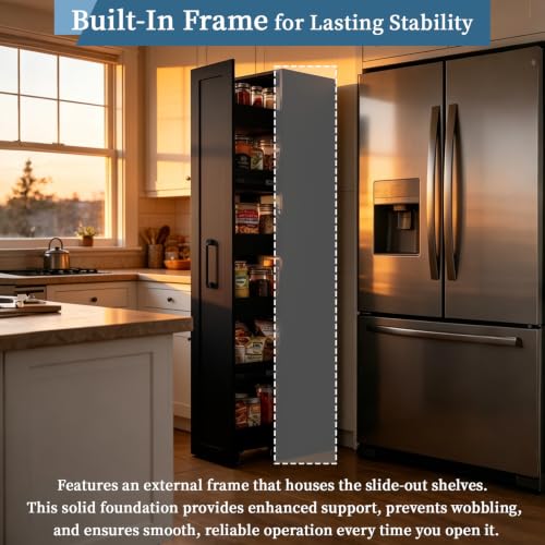 Narrow Pull-out Storage Cabinet on Wheels, 12 inch Black Pantry Cabinet | 71'' Tall, Slim Shelf, Rolling Cart 6-Tier, Next to Fridge, Skinny Spice Rack for Kitchen, Laundry Room